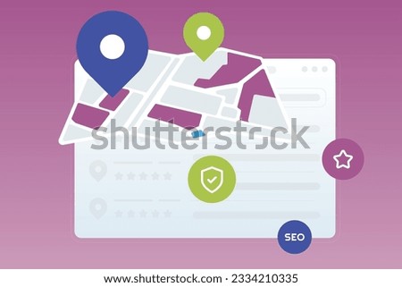 Trendy illustration with a burgundy background, which depicts a website page with reviews. And a map with two pins and icons hovers above the page. Dribbble style.