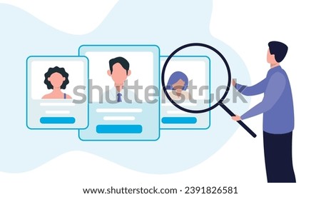 Trendy illustration with a white background, which depicts a human resources employee looking at employee profiles with a magnifying glass. Dribble Style.