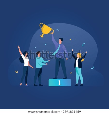 Trendy illustration with a dark blue background, which depicts the members of the collective celebrating the victory in the competition of one of them. Dribble Style.