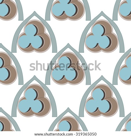 Brown and blue seamless pattern with gothic motives. Vector pattern with architectural elements of rosette windows. Can be used for wallpaper, pattern fills, web page background, surface textures.