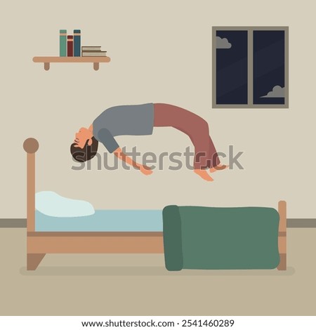 Sleep paralysis. Young man levitating over bed vector illustration