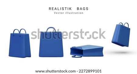 Set of colour blue realistic shopping bags in realistic style. Stylish fashionable bag isolated on white background. 3D Vector illustration