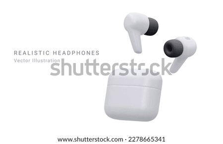 Realistic Detailed white 3d Wireless Headphones Technology Device. Vector illustration of Bluetooth Earbuds in Charging Case. Vector 3D render