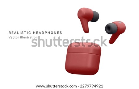 Realistic Detailed 3d red Wireless Headphones Technology Device. Vector illustration of Bluetooth Earbuds in Charging Case. Vector 3D render