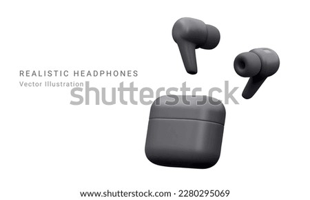 Realistic Detailed  black 3d  Wireless Headphones Technology Device. Vector illustration of Bluetooth Earbuds in Charging Case. Vector 3D render