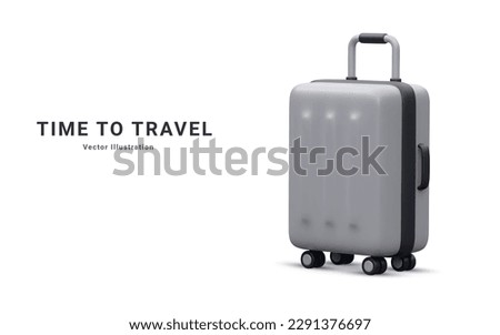 Realistic plastic suitcase. White  travel bag isolated on white background. Traveling banner template. 3 D Vector Illustration