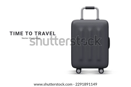 Realistic plastic suitcase. Black travel bag isolated on white background. Traveling banner template. 3 D Vector Illustration