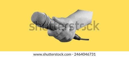 A hand holds a microphone. Collage element in halftone effect. Pop art illustration on bright yellow background. Vector