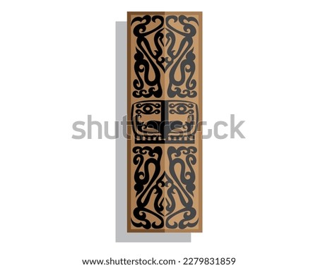 vector design of a wooden board or shield of the Biak tribe in West Papua which is commonly used as a tool of war in the shape of a brown rectangle filled with carvings or traditional symbols of the B