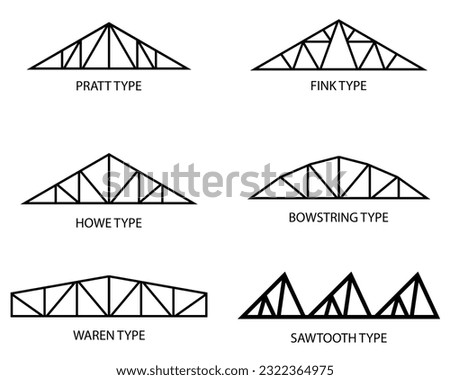 black steel truss construction type vector design commonly used on the roof of a building or house as a barrier or protection from rain or wind with pratt, howe, fink, bowstring, sawtooth and waren ty