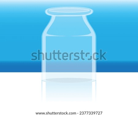 vector design of a clear bottle placed on a white table with a shadow effect and there is a bright blue sky and sea behind it
