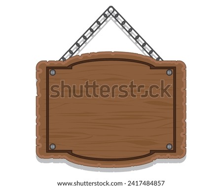 vector design of an empty blank board made of wood in the shape of a square box with a half circle at the top and bottom and a black square line in the middle and there are chains and bolts as fastene
