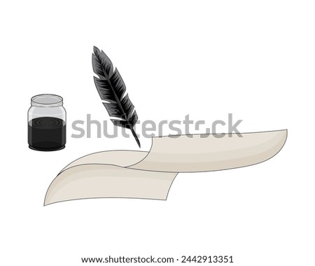 vector design, an illustration of tools for writing, including a pen made from bird feathers, then there is pale white paper and there is a bottle or glass filled with black liquid ink.