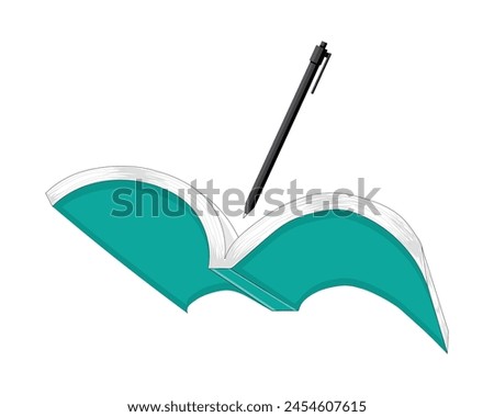 vector design of a notebook that is open and there is a black pen at the top of the book