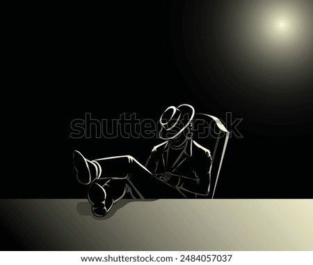 vector silhouette design of a man wearing a hat and jacket on a black background who looks like a mafia and is sitting with his feet up on the table with his back to the sun