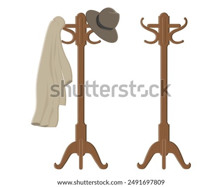 vector design of two clothes hangers made of brown wood where on the left side there are clothes or jackets and also hats hanging while the left side looks empty