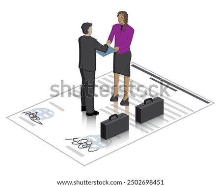 vector design of a man and a woman standing on a signed piece of paper while shaking hands handing over a folder as a sign of agreement on an agreement. Beside them there are two black bags