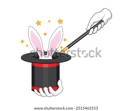 vector design of a black magician's hat and wand with red stripes and bunny ears sticking out of the hole in the hat