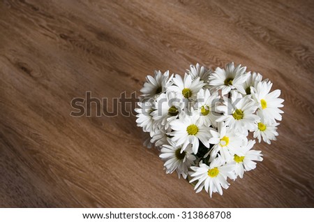beautiful white flowers of chrysanthemum on wooden background