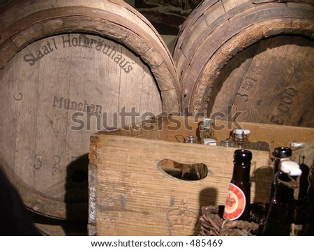 beer bottles and beer barrel