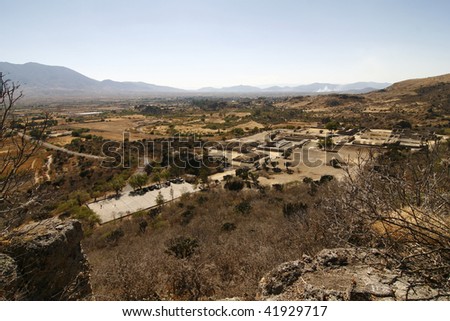 Yagul burrial site and overview of the surrounding landscape. Yagul is an archaeological site and former city-state associated with Zapotec civilization of pre-Columbian Mesoamerica. Oaxaca, Mexico