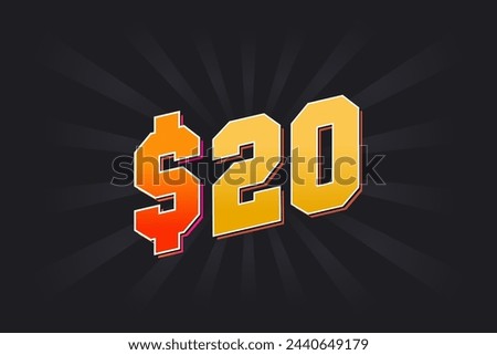 20 Dollar American Money vector text symbol. $20 USD United States Dollar stock vector