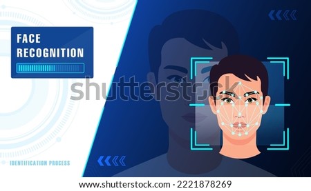 Face recognition by AI to identify a person, surveillance and safety concept, men using Face detection and Facial Recognition technology, security system website poster or landing page design.