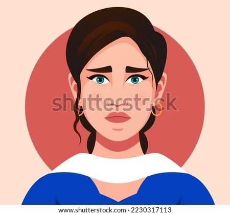 Sad Indian woman in traditional dress. Portrait of a beautiful girl. Avatar Face expression flat vector. Woman wear suit with long dark hair. Avatar for a social network. Fashion illustration 