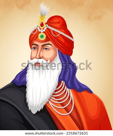 Maharaja Ranjit Singh, the first emperor of the Sikh empire. Sher-A-Punjab and Sarkar-e-Khalsa. Eps 10 editable vector.