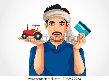 Indian farmer with Debit or Credit card and holding tractor toy in hand while looking at the camera- Concept of earning, agriculture profitable investment