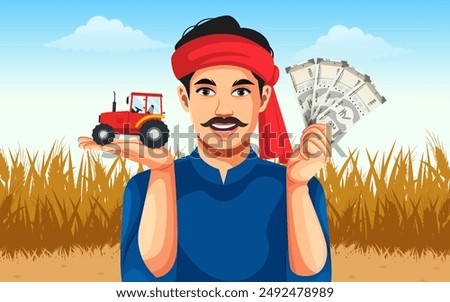 Happy smiling Indian farmer holding tractor toy in hand and showing money or currency while standing at field- Concept of earning, agriculture profitable investment