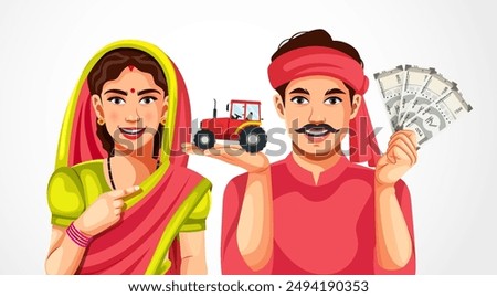 Vector illustration of Indian rural farmer holding Indian rupee notes with his wife isolated in white background- Concept of earning, agriculture profitable investment