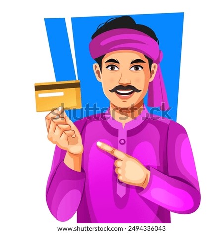 Vector of Indian rural man showing debit or credit card to promote online payment with a debit card in an agricultural field. Concept of payment card, online banking, farmer, modern, debit card