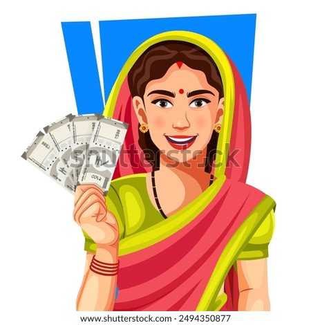 Portrait of a happy Indian rural woman in saree holding Indian Rupee notes in hand- concept of profit or earnings, banking or financial and agribusiness