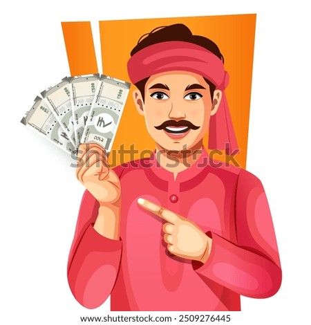 Happy Indian man showing 500 rupee note Indian currency, isolated on a white background- concept of empowerment, earnings, bank loan, and business