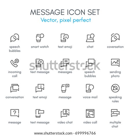 Message theme, line icon set. Pixel perfect, fully editable stroke, black and white, vector icon set suitable for websites, info graphics, and print media.