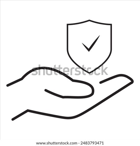 Hand holding a shield with checkmark editable stroke outline icon isolated on white background. Symbol sign pictogram