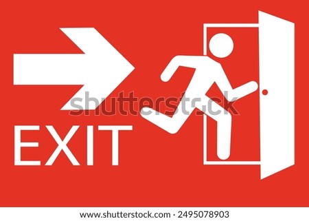 Safety vector symbol. Emergency exit sign. People running out fire exit. Running people and exit door sign. Escape help evacuation.