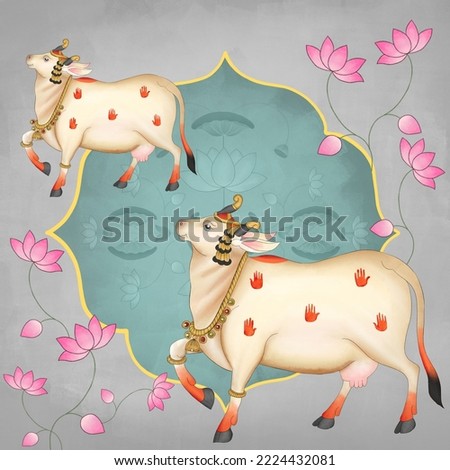 Indian traditional pichwai art cow and calf illustration painting
