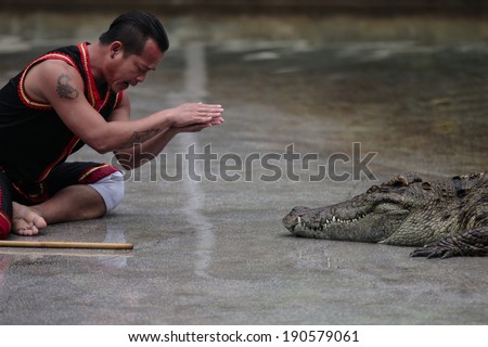 GUANGZHOU, CHINA - APRIL 29.:Man trying to interact with crocodile to open his jaws in wild life reserve park on 29. April 2014. in Dabian Willage, near Guangzhou, Guangdong province, China.