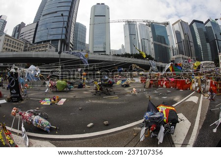 HONG KONG, DEC. 11. 2014: Pro-democracy supporters art installations on the the road outside the government headquarters building at the Central district, as today is the last day of the protest.