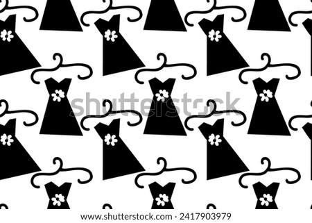 Black cloth hanger and black dress, fashion and style, elegant, contrast, outlines, doodle, wardrobe, shopping. Seamless vector pattern for design and decoration. 