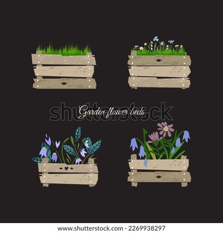 Darden flower beds. Sweet garden card, print or poster.  Vector illustration. 