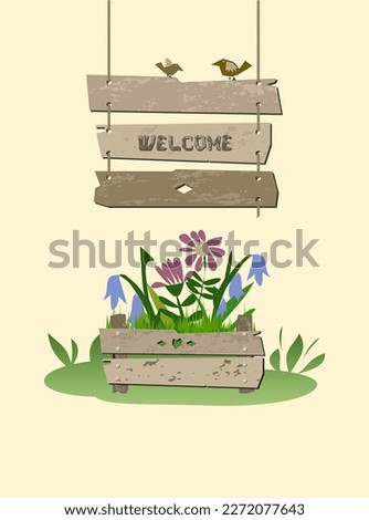 Darden flower bed and welcome signboard. Sweet garden card, print or poster.  A simple construction of boards and ropes.  Flat vector illustration. 
