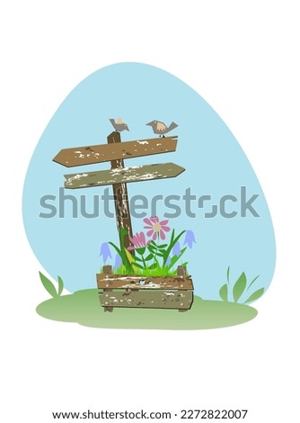 Darden flower bed and arrow  signboard. Sweet garden card, print or poster.  A simple construction of boards.  Flat vector illustration. 