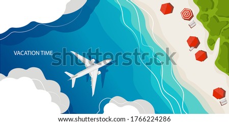 The airplane lands on a tropical island, top view. Summer travel background. Travel vacation concept. Vector illustration, flat style.
