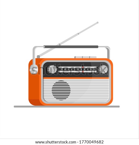 Orange old radio tuner. Vector illustration of vintage radio receiver, flat style. Retro radio. 