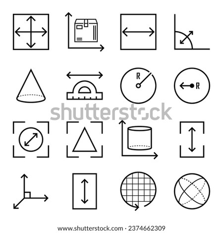 Square, perimeter, distance and diameter icons. Dimension, area and perimeter measure concept. Geometric symbols collection. Vector set of linear geometry icons.