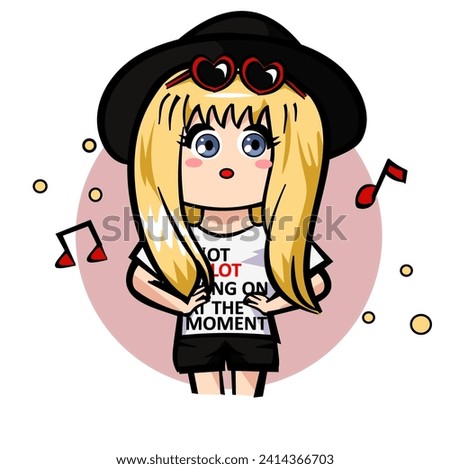 CIMAHI, INDONESIA-JANUARY 17, 2024-Taylor swift cute chibi with 22 t-shirt wearing eyeglasses and hat. Vector graphic design character illustration for collection, poster,background,wallpaper,sticker.