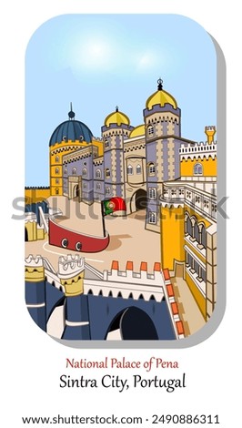 CIMAHI, INDONESIA-JULY 17, 2024-Cute National Palace of Pena Sintra unique vintage architecture buildings.Vector illustration design cartoon for poster,collection,background,sticker,souvenir,fabric.